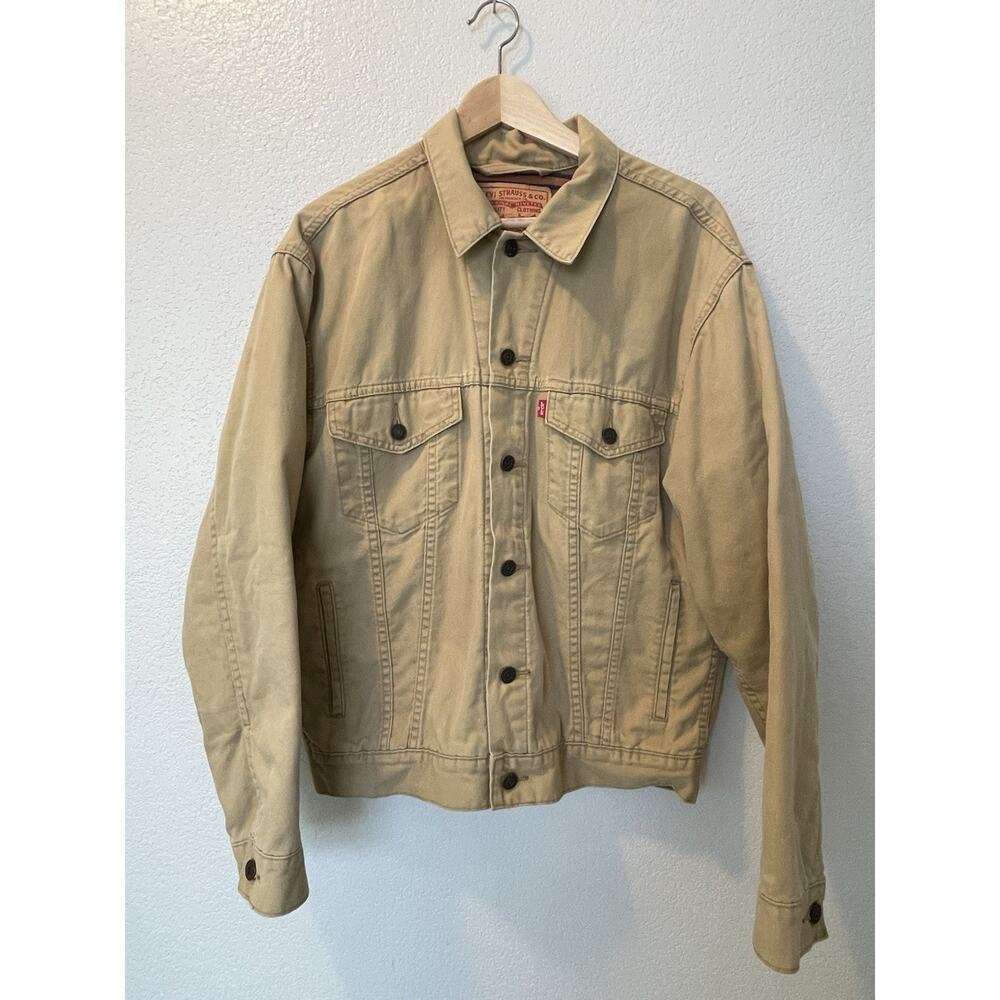 Levi’s Premium 70518 Trucker Jacket Men’s Medium Khaki Canvas Coat Stripe Lined
